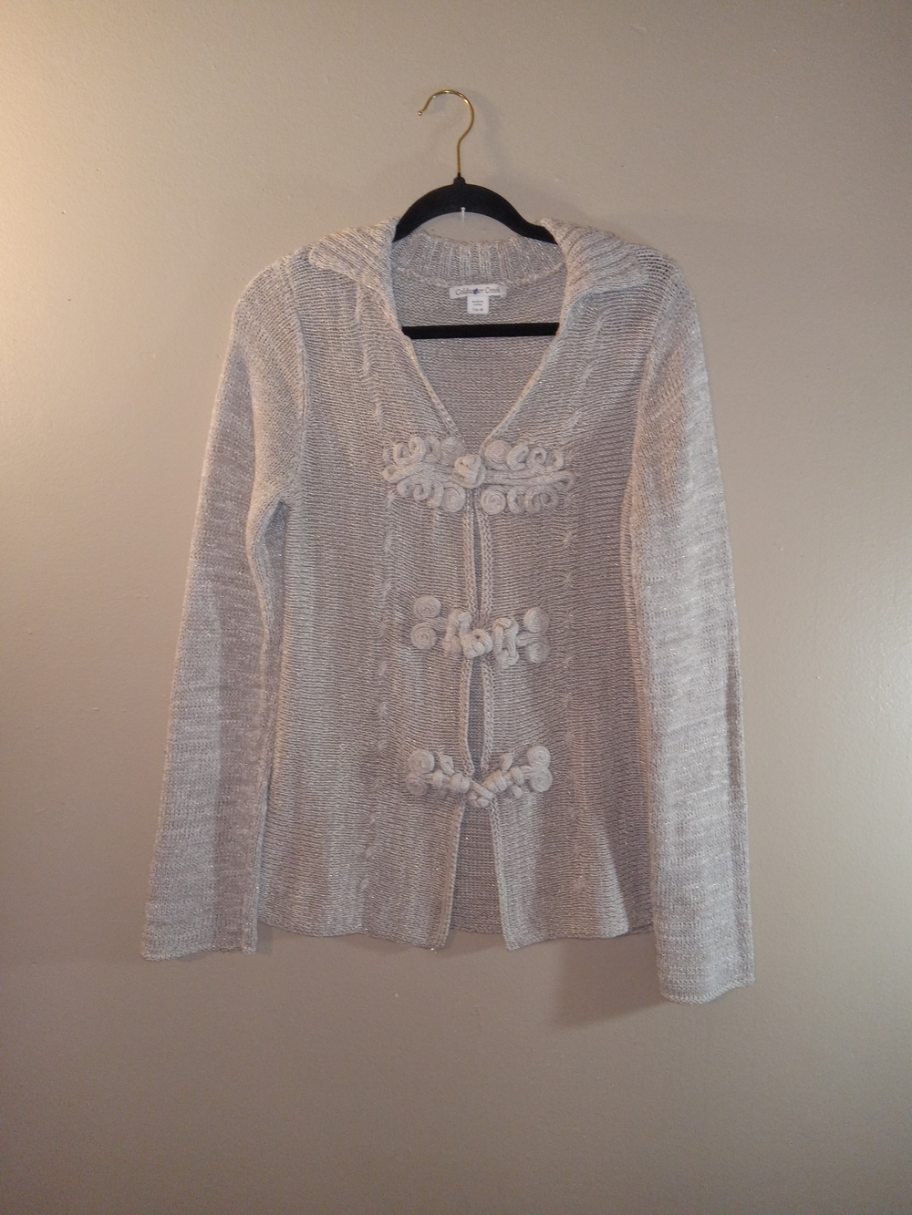 Coldwater Creek Taupe/Metallic Knit Cardigan with Frog Closures